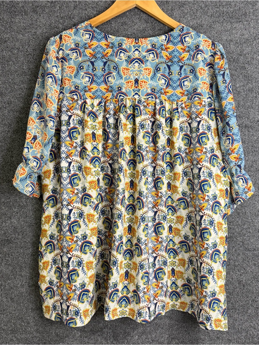 Rose + Olive Womens 2X Boho Top Multicolor Short Puff Sleeve Casual Office Artsy - Picture 2 of 9